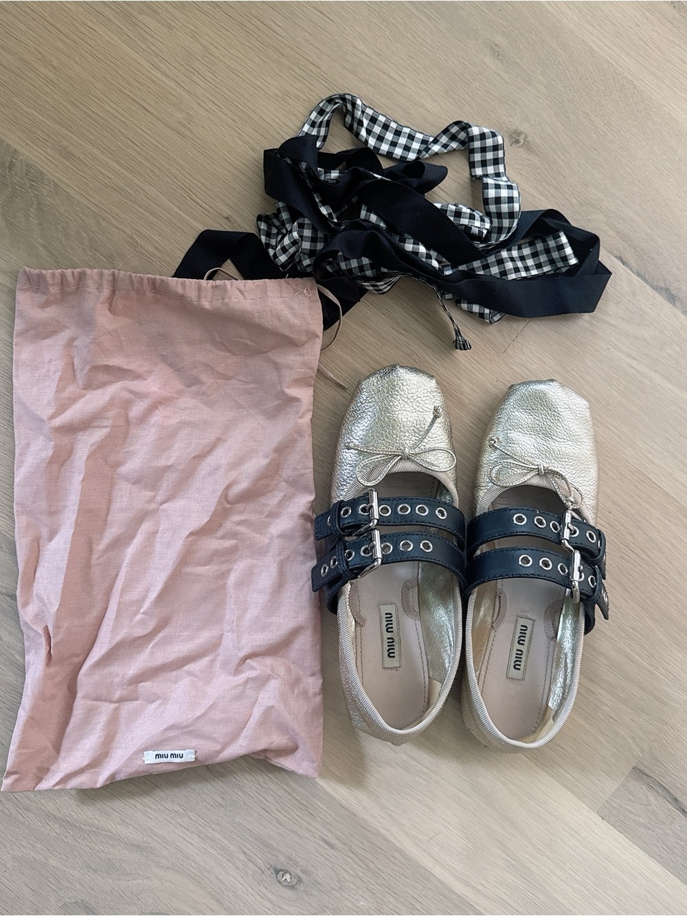 RARE Miu Miu Metallic Leather Ballet Flats with Buckled Straps & Ribbon Laces - Picture 4 of 12